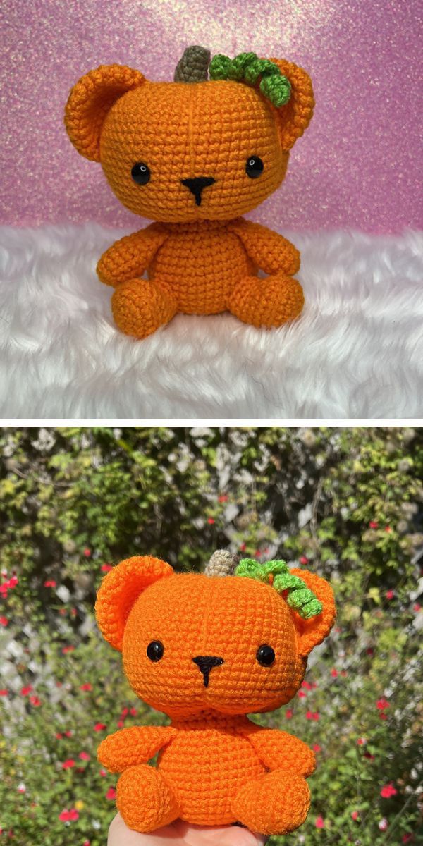 an orange crochet bear amigurumi with a head shaped like a pumpkin