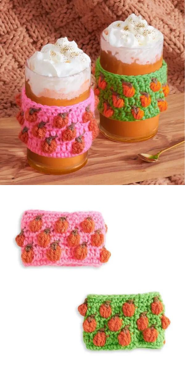 two glasses with orange drinks decorated with cream and pink and green mug cozies with textured pumpkins on them
