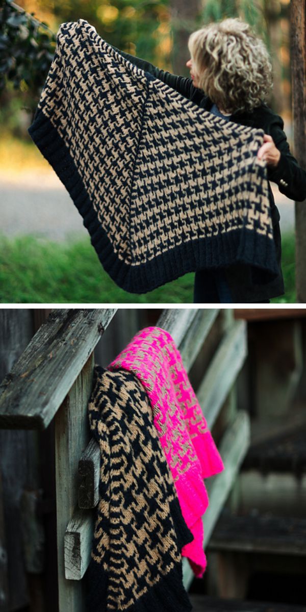 a woman holding classic houndstooth knit shawl in black and beige colors