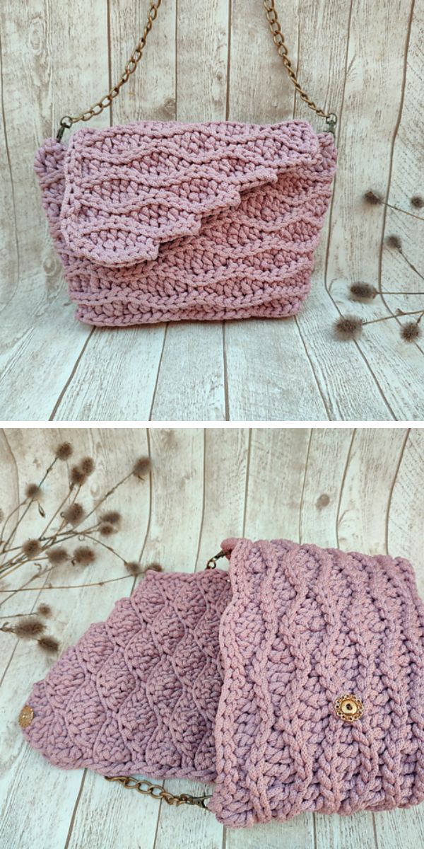 pale pink crochet crossbody bag with asymmetrical wavy design