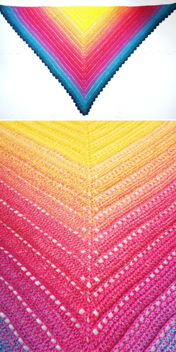 bright ombre from blue through pink to yellow lacy crochet shawl