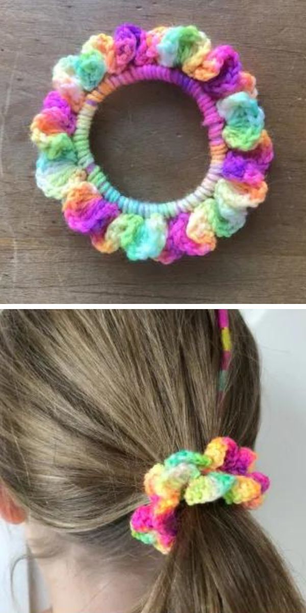 colorful crocheted scrunchie made with scrap yarns