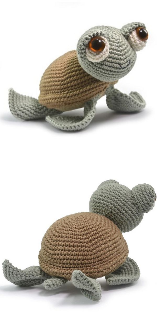 a crochet turtle amigurumi with big plastic eyes