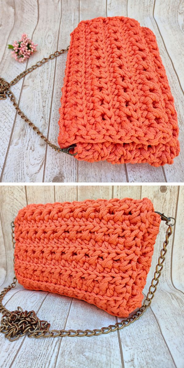 a red chunky crochet purse with a chain strap