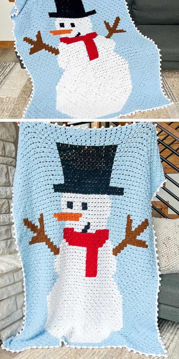 a sky blue crochet blanket with a snowman design