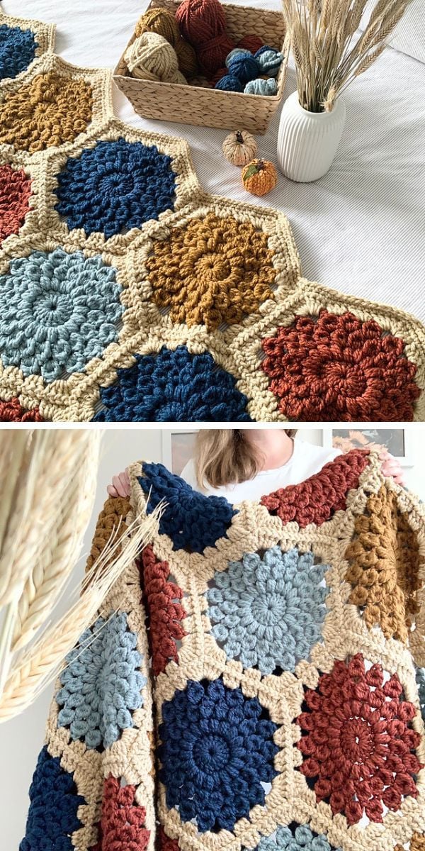 a crochet blanket made in granny hexagons in different colors