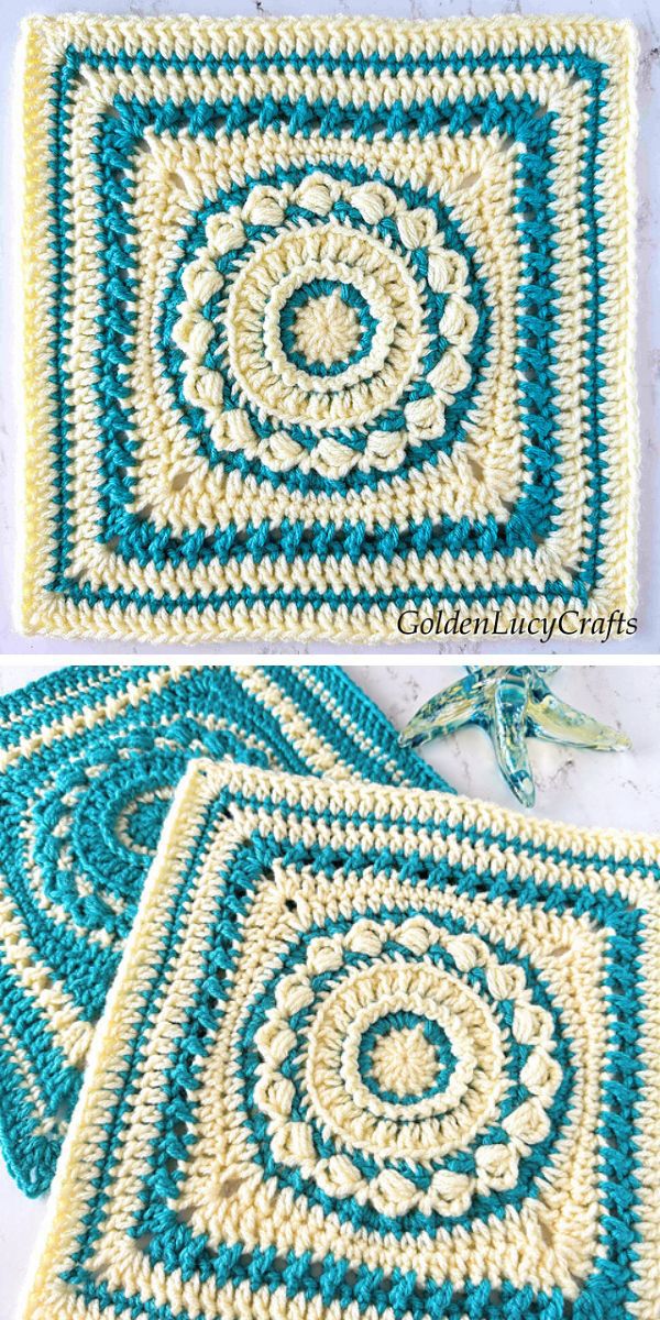crochet square in blue and pale yellow palette with round in the center that goes to square
