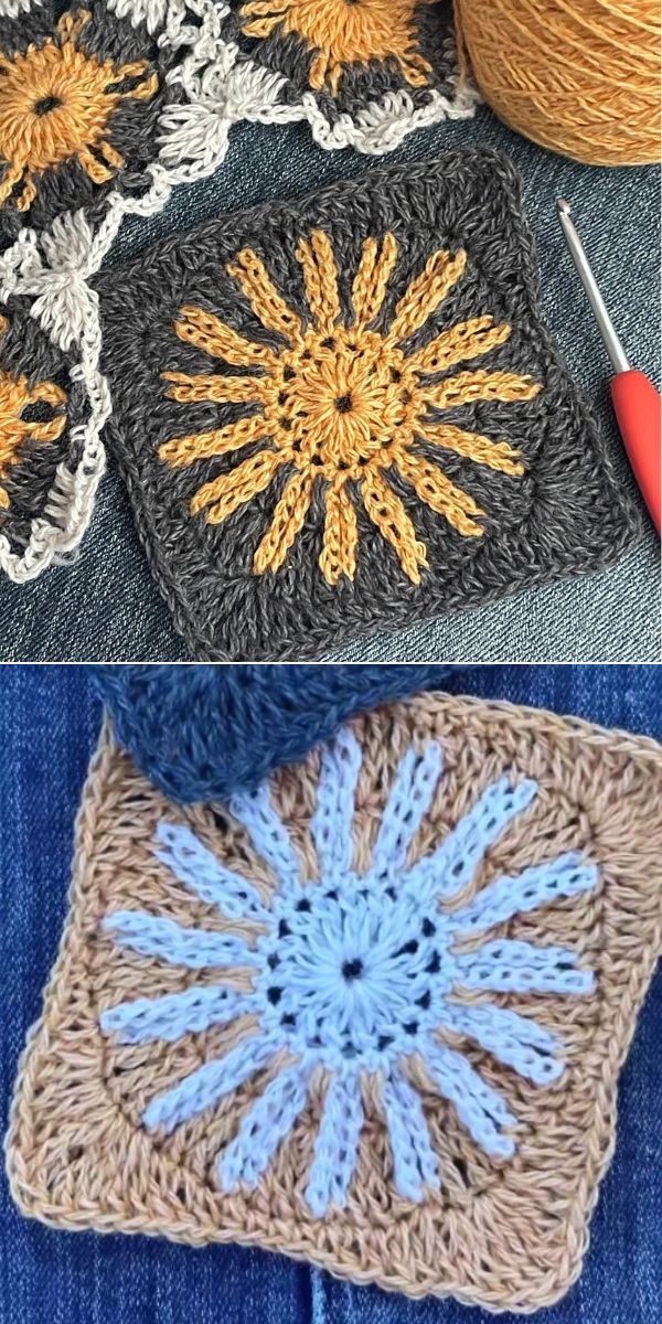 black crochet square with yellow sun inside