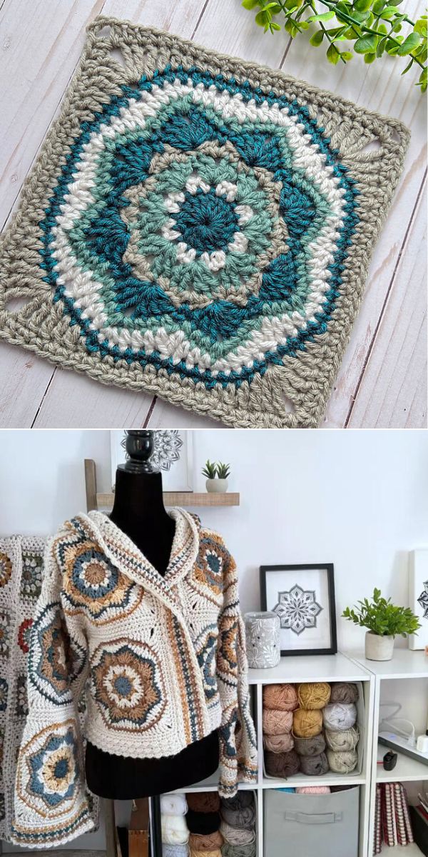 a crochet square with mandala inside and a crochet cardigan made with these crochet blocks