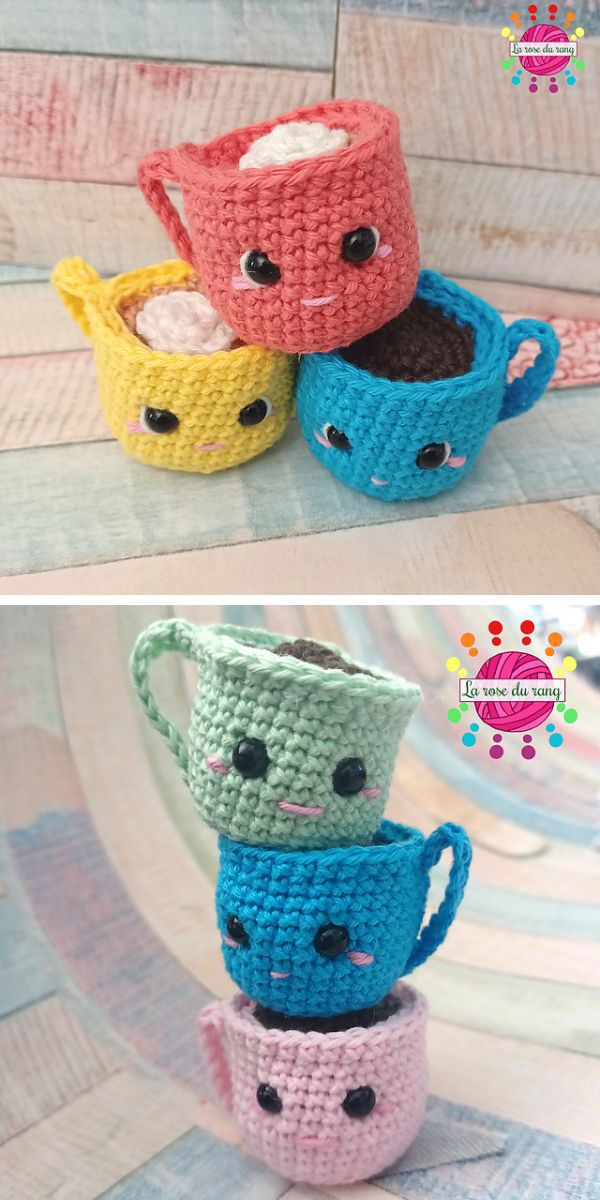 three crochet cup amigurumi in three different colors