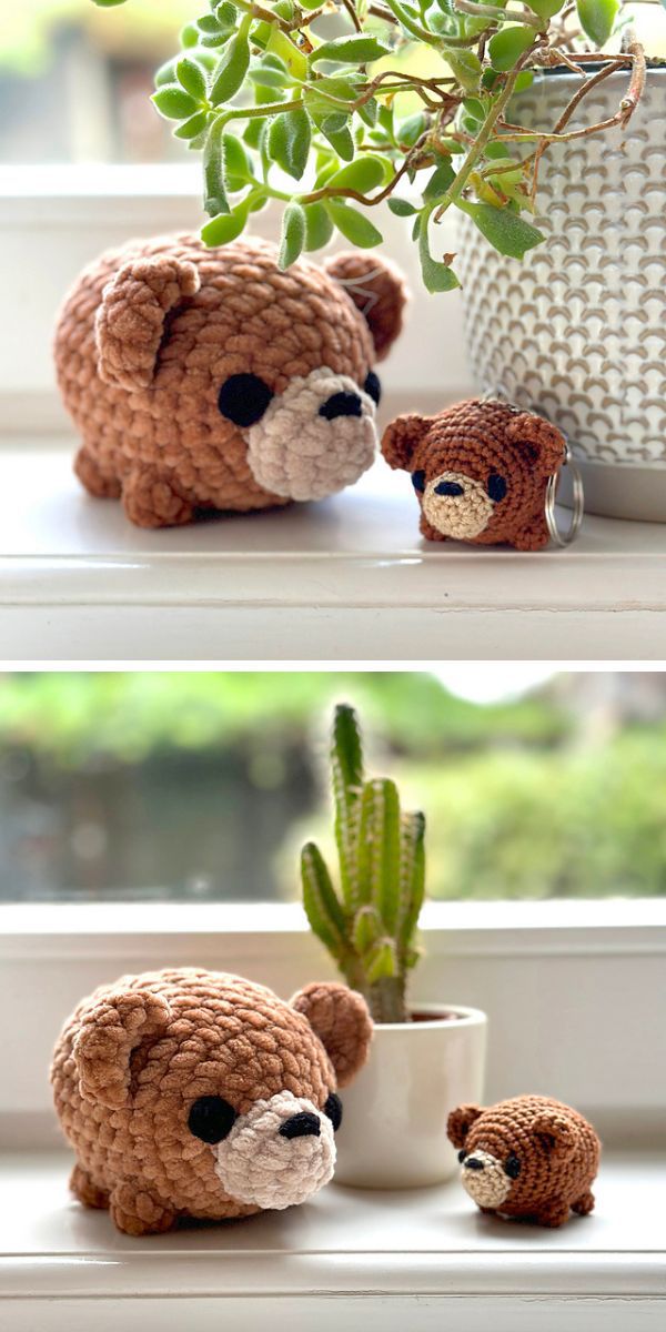 two crocheted bears in plush and regular yarns
