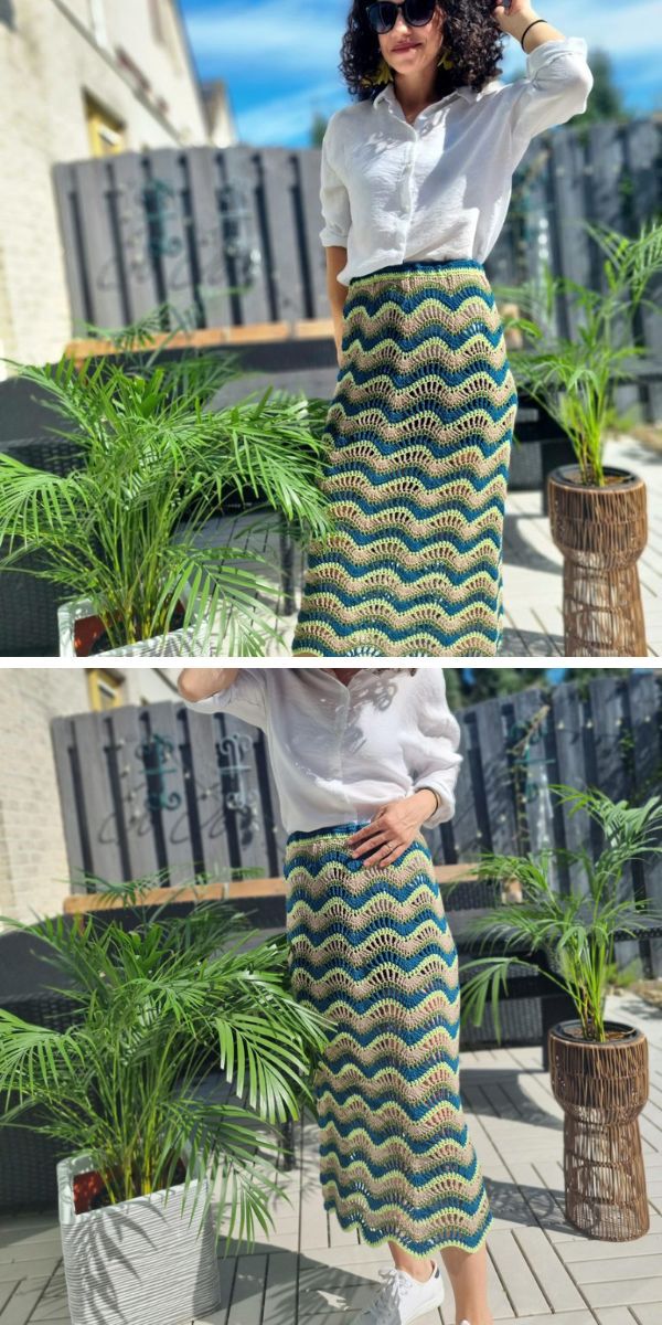 a woman wearing white blouse and crocheted skirt of wavy design in blue green and beige colors