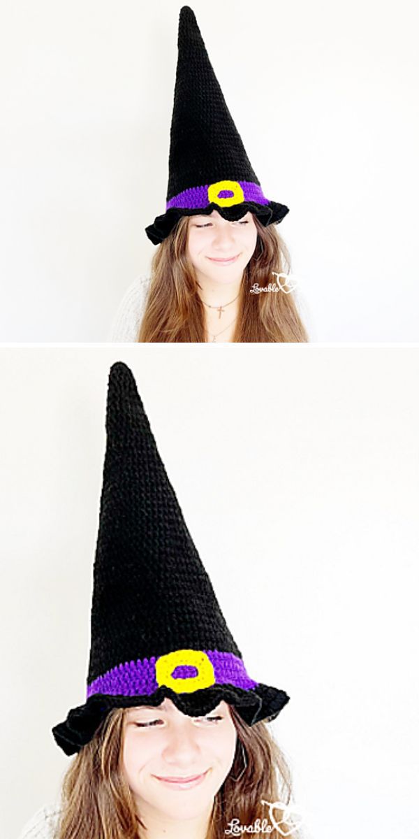 a woman wearing a crochet witch hat