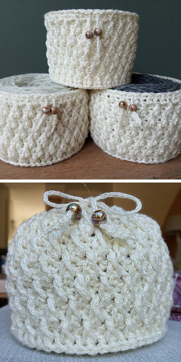 three crochet baskets in écru color with yarn inside them