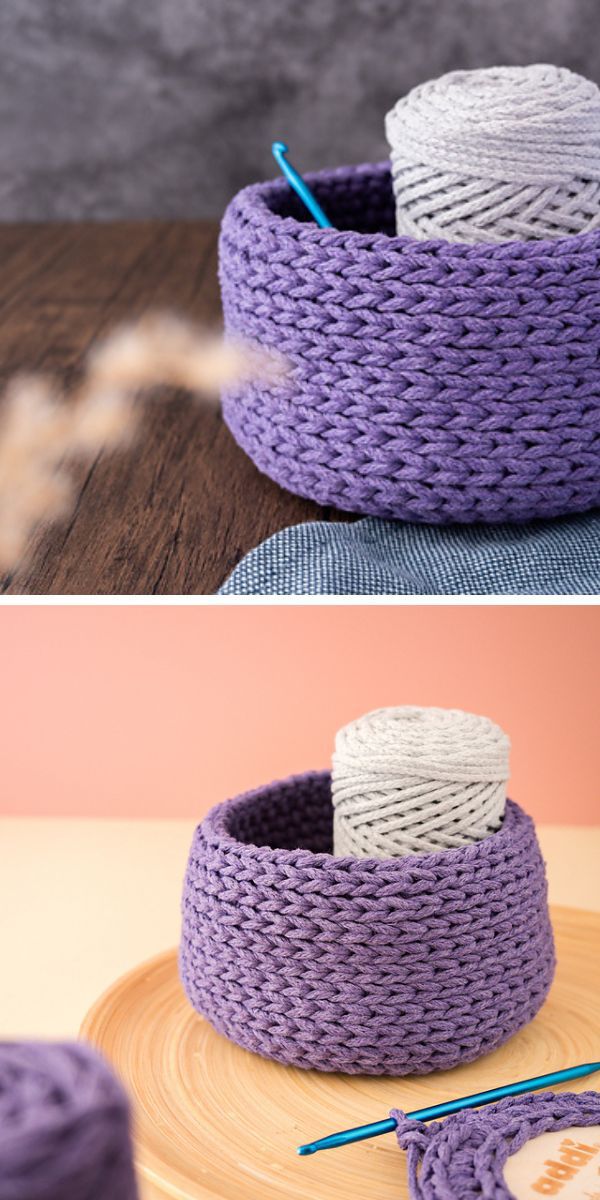 a crochet basket in purple color and ball of yarn inside it