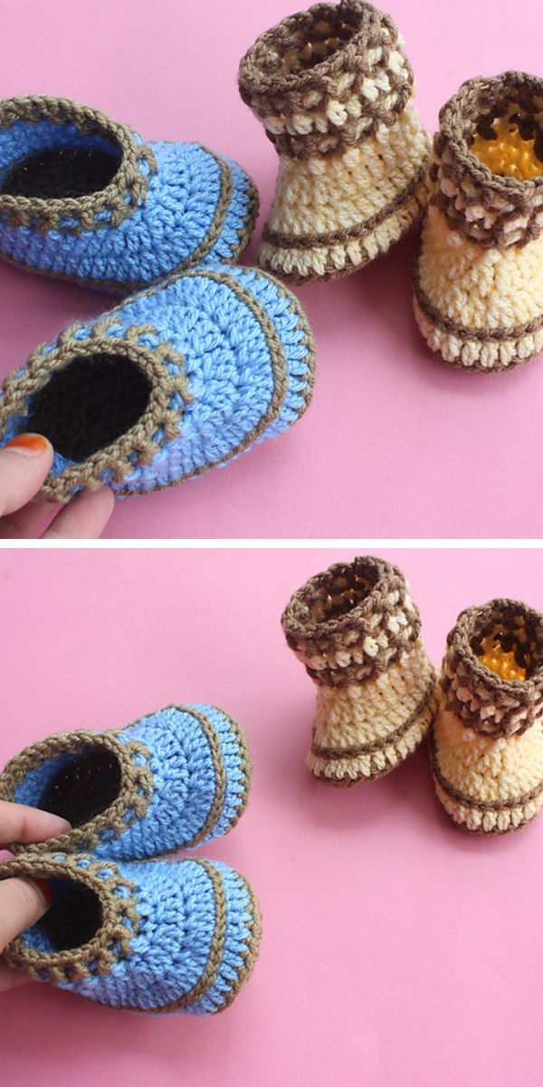 two pairs of crochet baby booties in blue and yellow colors