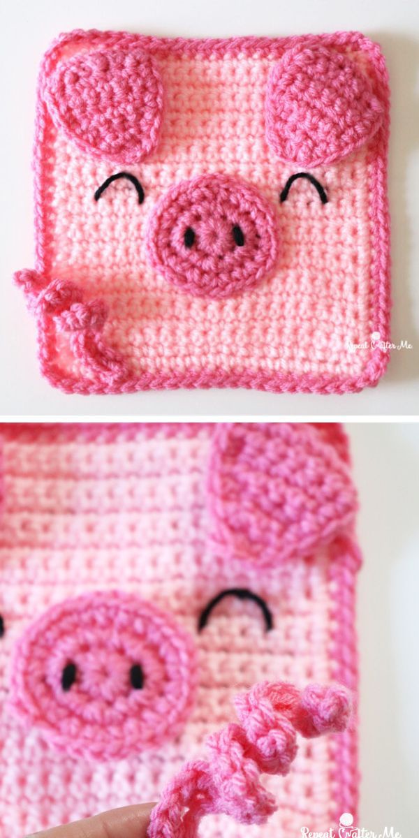 a pink crochet square with pig design