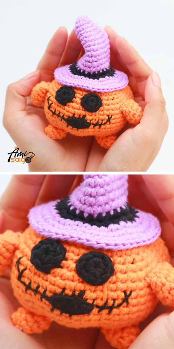 a crochet pumpkin with a witch hat