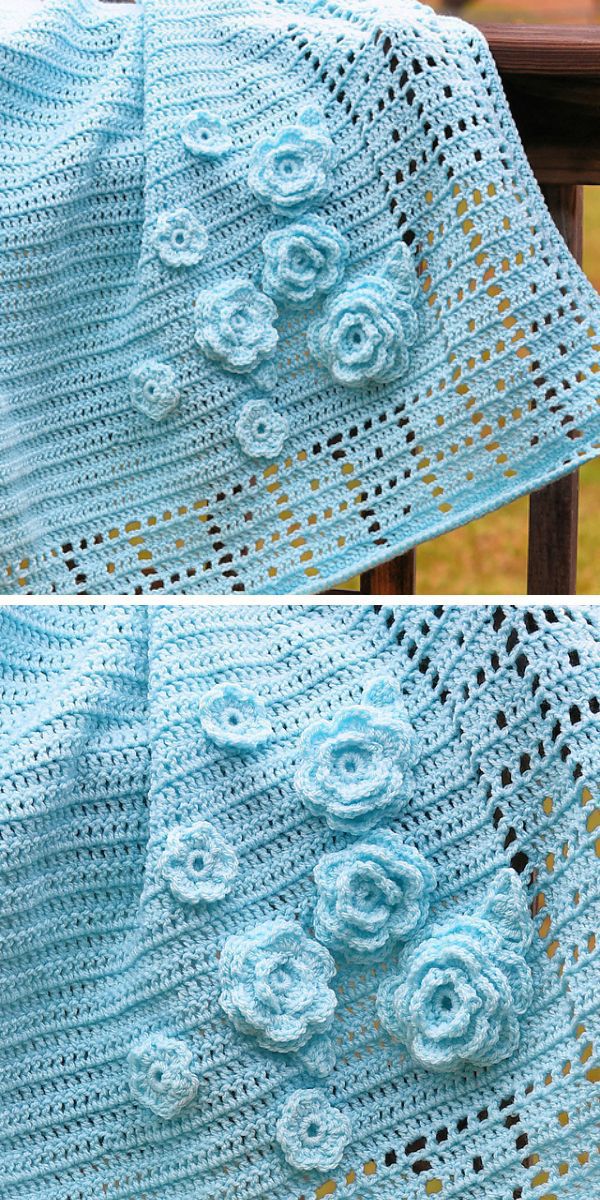 Filet crochet blanket with blue and floral design.