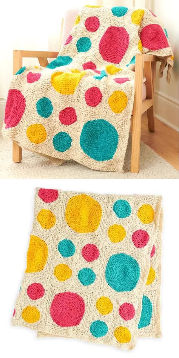 A technicolor blanket with polka dots.
