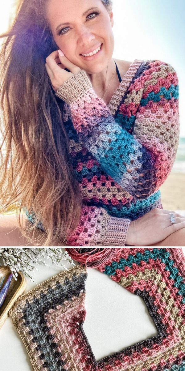 A woman wearing a crocheted sweater.