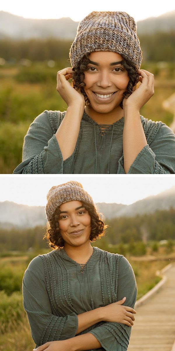 A woman wearing a crochet hat and a sweater.