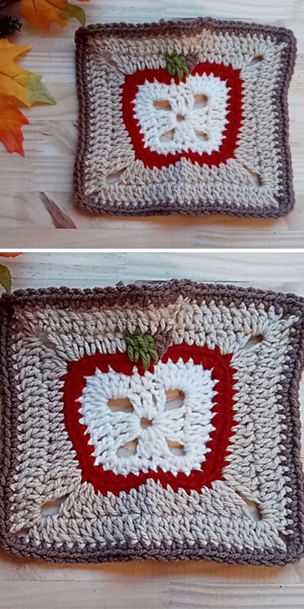 A crocheted apple square