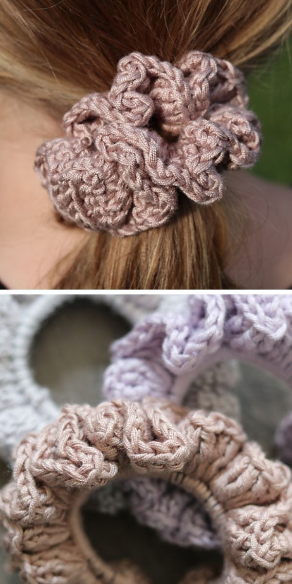 A crochet scrunchie in a beige color
