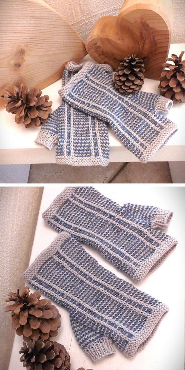 Knitted fingerless mitts.