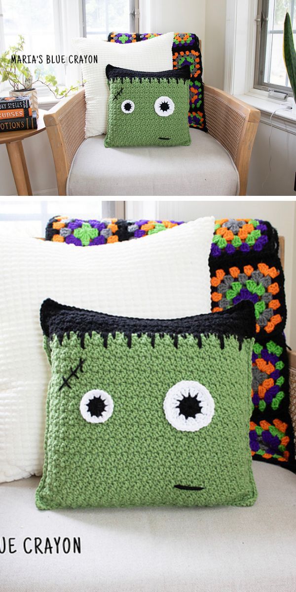 a crochet pillow with a Frankenstein face for Halloween