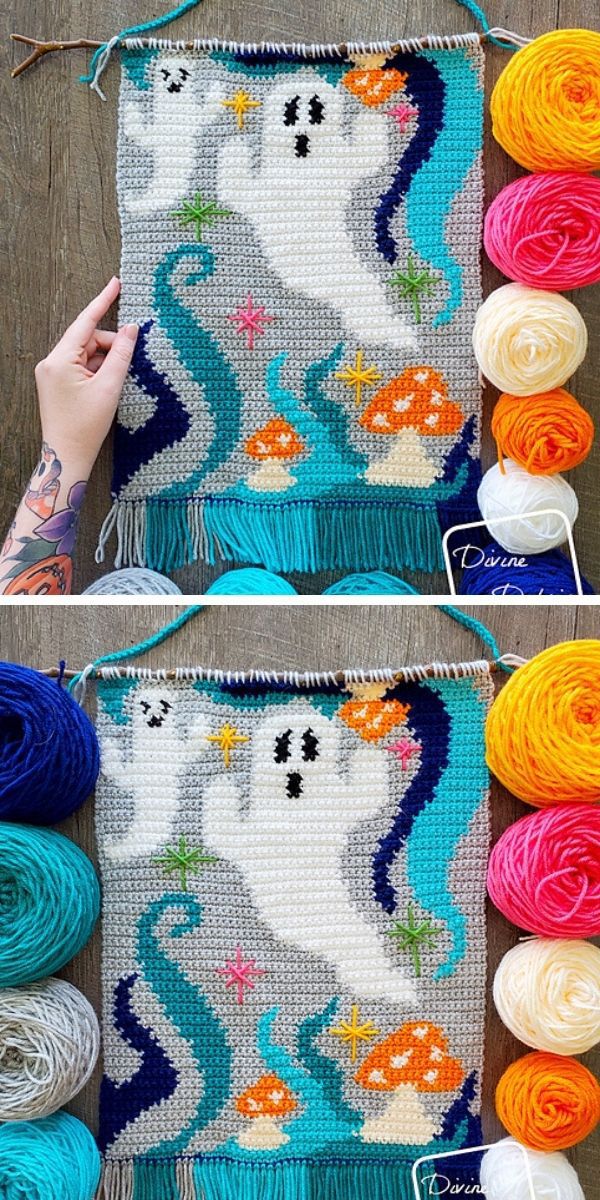 A crocheted Halloween ghost wall hanging.