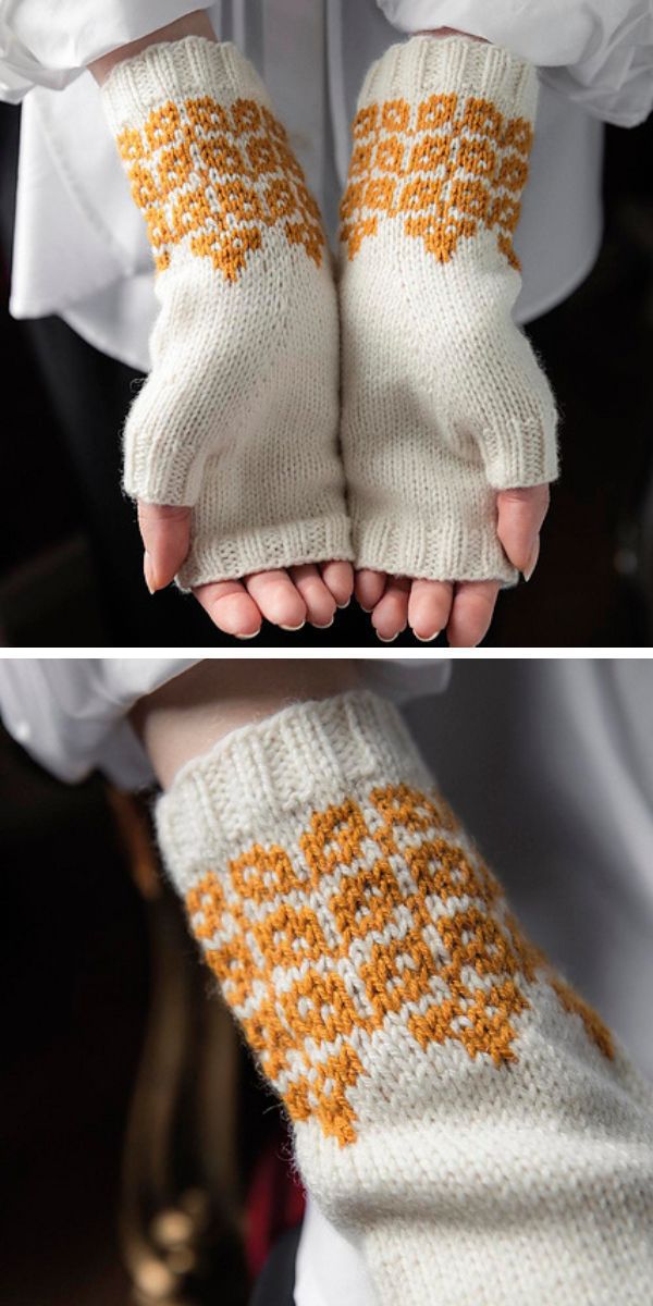 A pair of fingerless mitts with knitted designs.