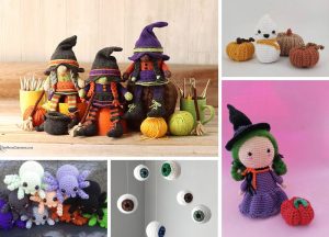 A collage of Halloween amigurumi witches, ghosts, spiders, eye balls, and pumpkins.