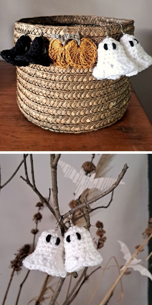 Crocheted ghost earrings in a basket.