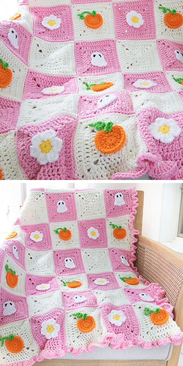 a crochet blanket adorned with pumpkin and ghost motifs