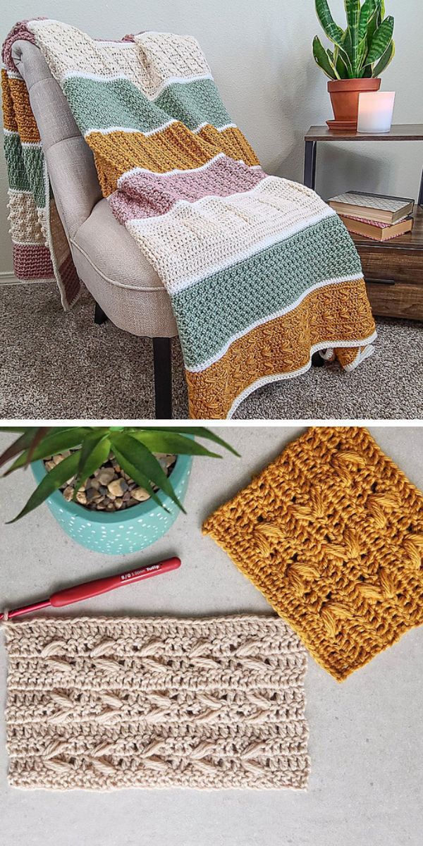 A bulky crocheted blanket on a couch.