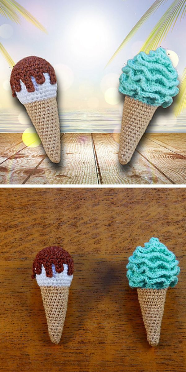 Crocheted tasty ice cream cones on a wooden table.