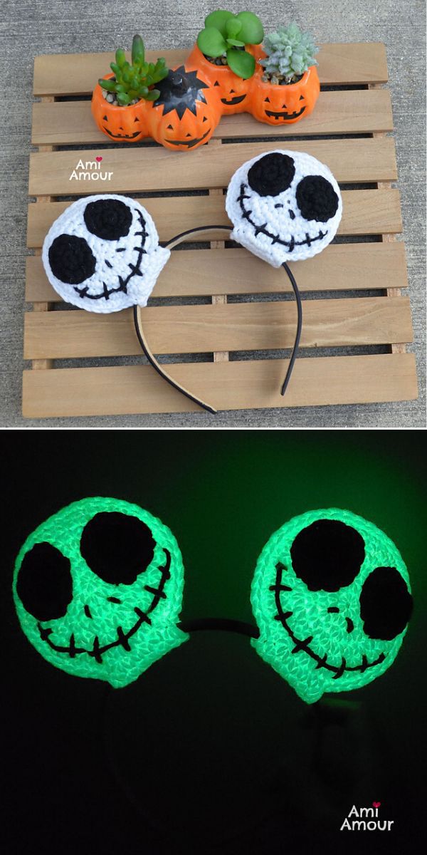 Jack Skellington crochet headband that glows in the dark.