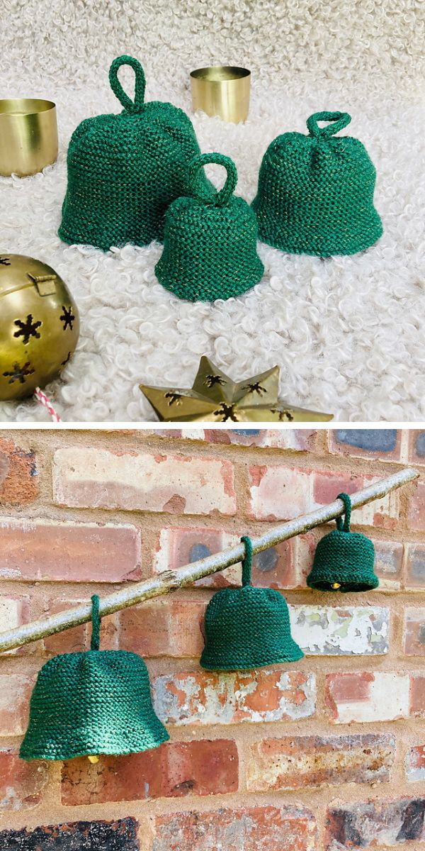 three knitted jingle bell ornaments in green color