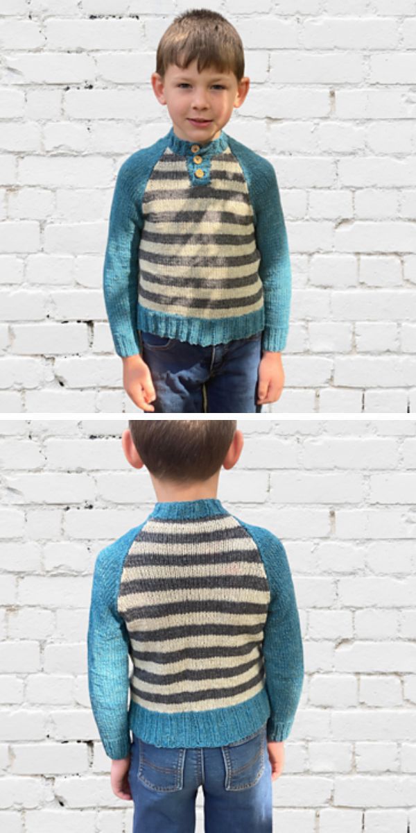 A boy wearing a blue and white striped knitted sweater.