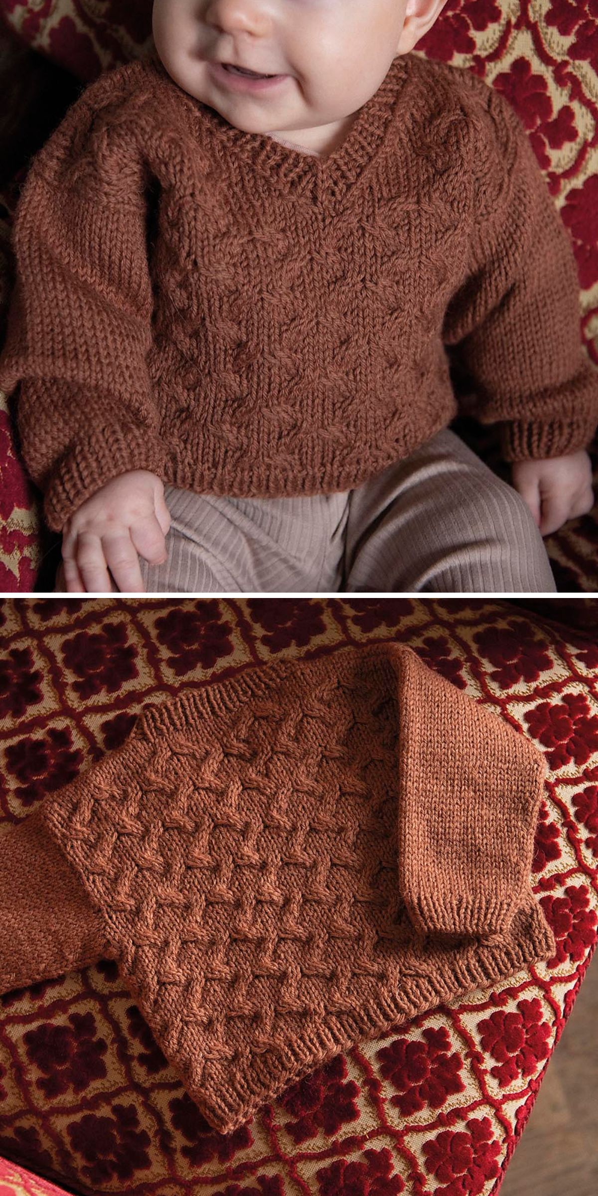 a knitted baby sweater in deep brown