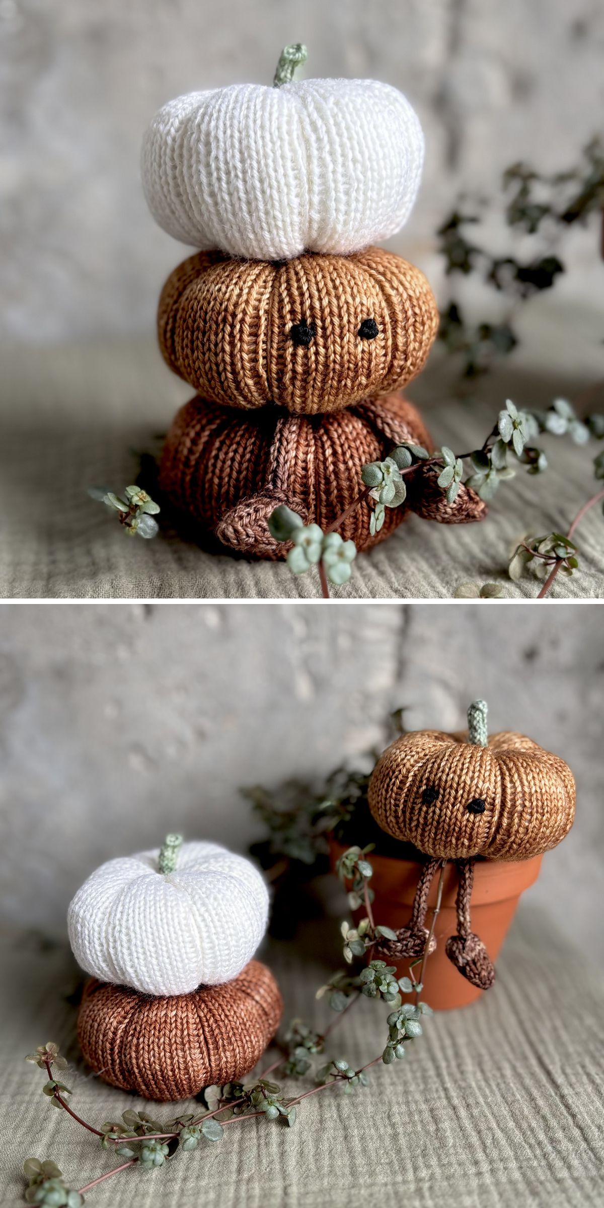 three small knitted pumpkins placed one on another