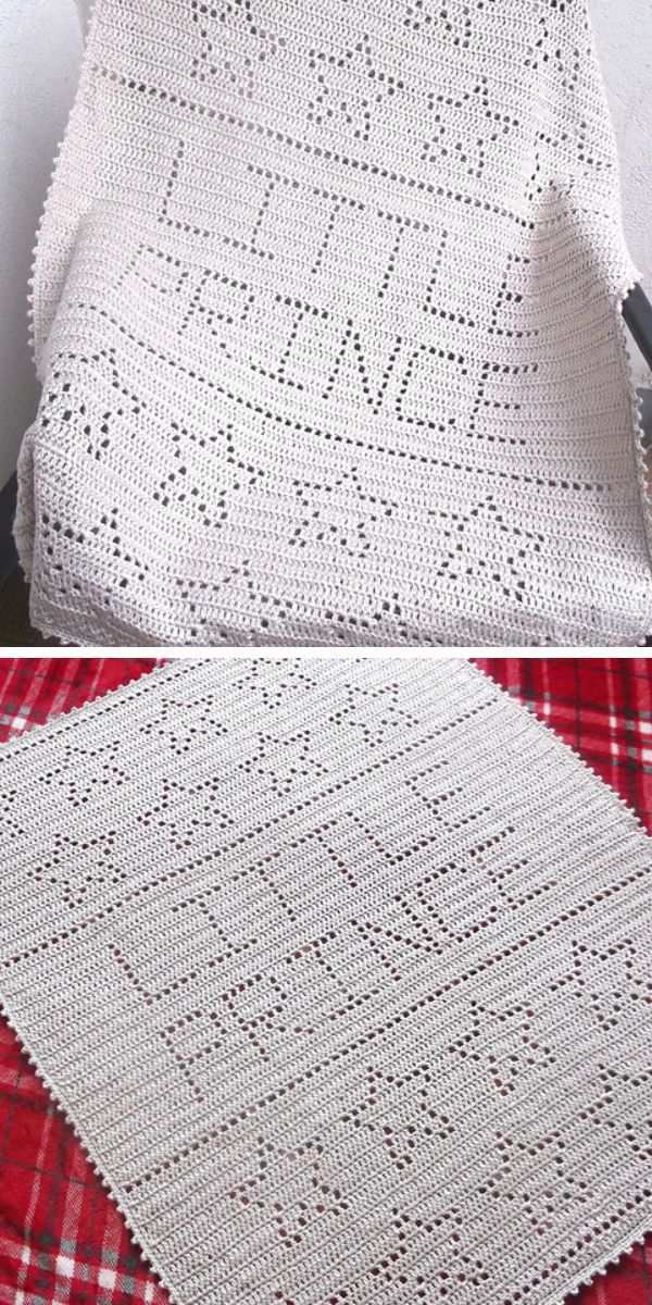 A filet crochet blanket featuring the words "little prince".