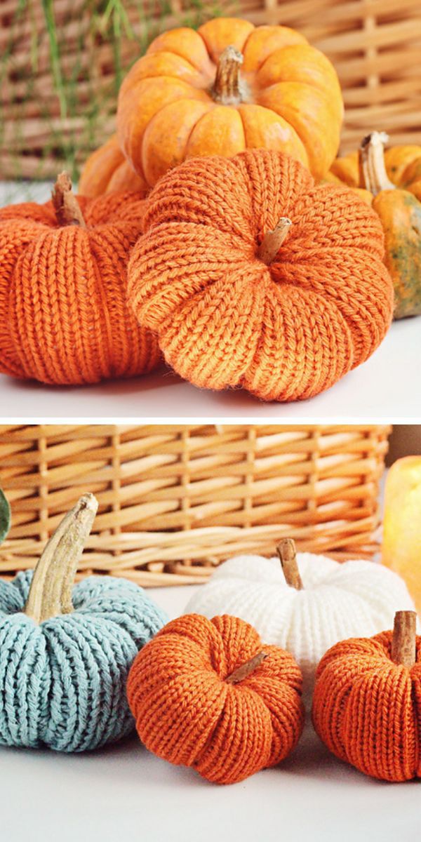 A group of knitted pumpkins on a wicker basket.