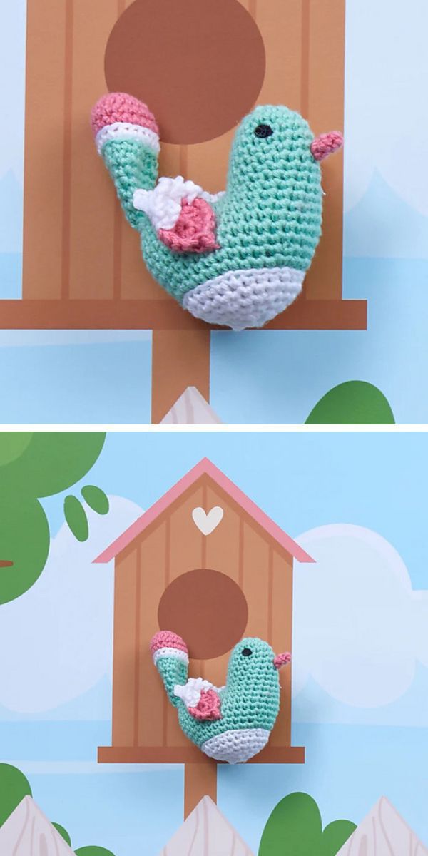 A crocheted bird ornament in a birdhouse.