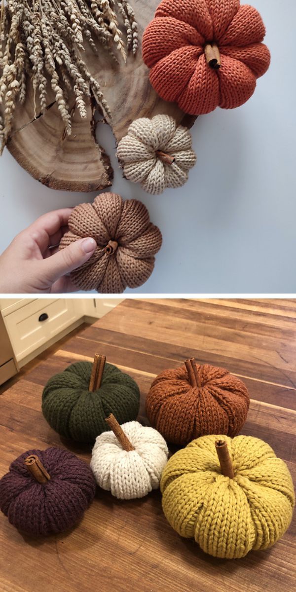 Knitted pumpkins on a wooden table.