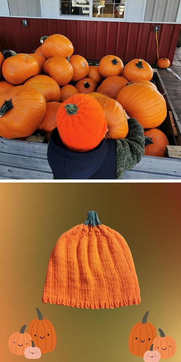 A knitted pumpkin hat.