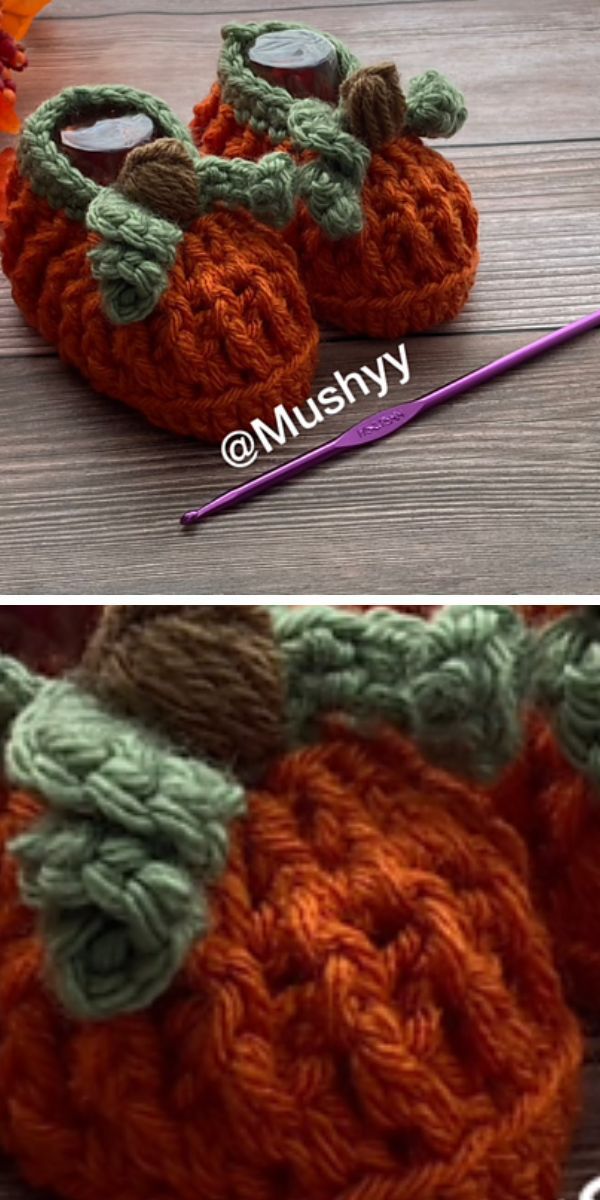 A pair of crocheted pumpkin baby booties.