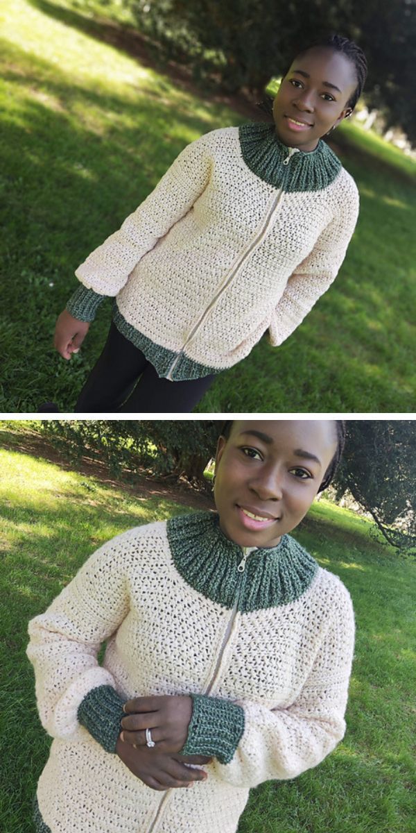 A girl wearing a crocheted cardigan.