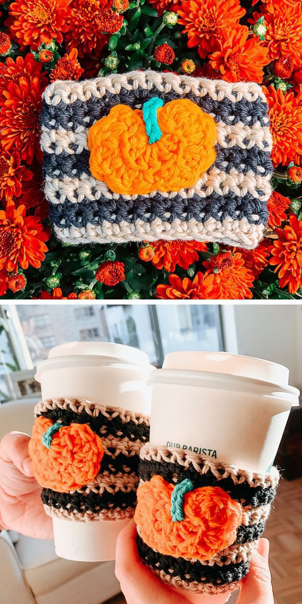 A pair of crochet cup cozys with pumpkins on them.
